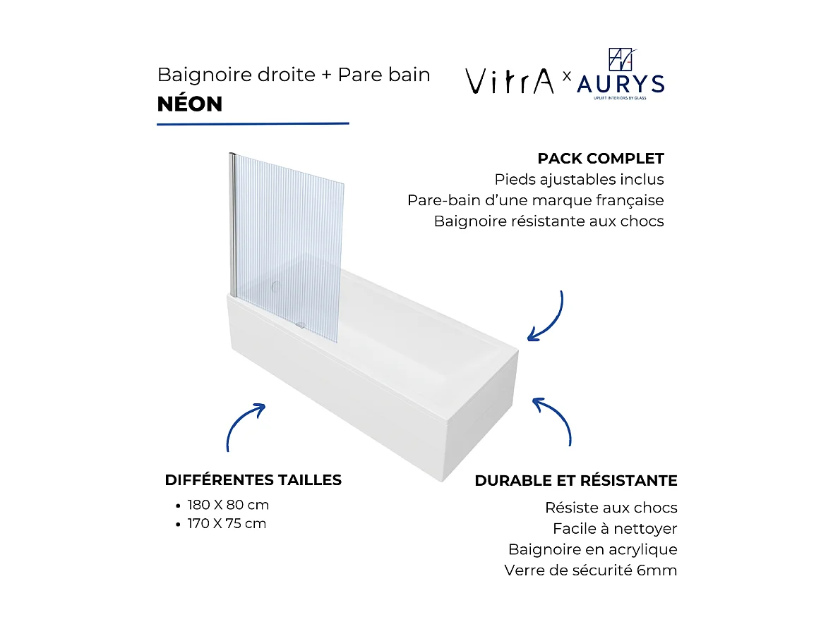 Baignoire rectangulaire VITRA Neon 170x75cm + Pare bain gauche AURYS Raywall noir mat profilé gauche