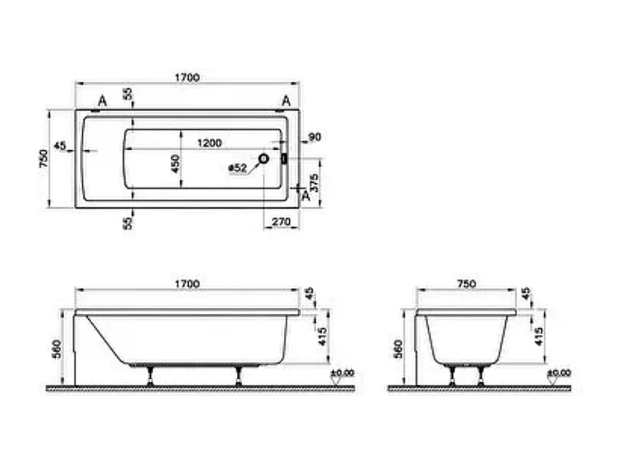 Baignoire rectangulaire VITRA Neon 170x75cm + Pare bain gauche AURYS Raywall noir mat profilé gauche