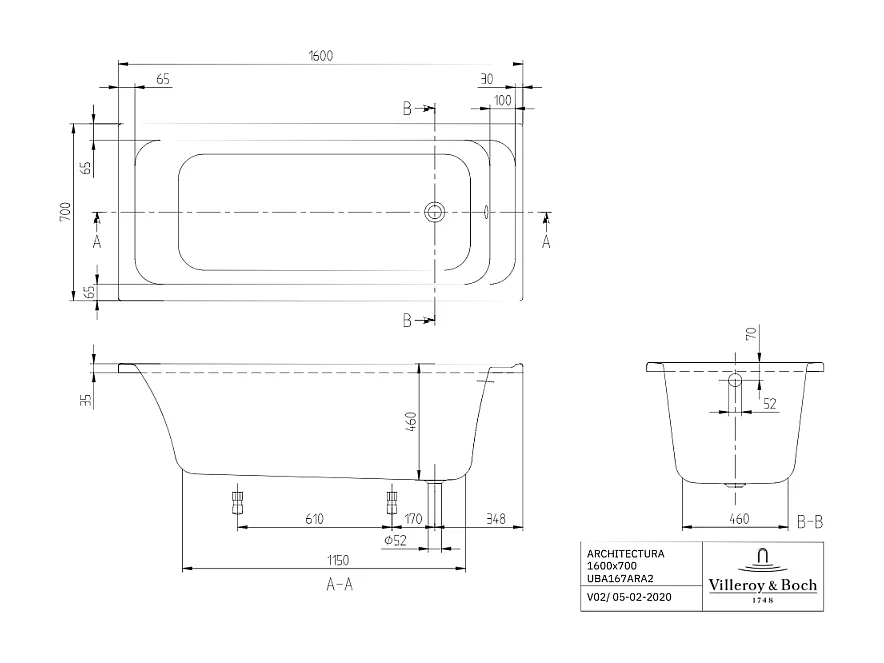 Baignoire droite VILLEROY & BOCH Architectura acrylique 160 x 70 cm  + Pare bain droite AURYS Raywall Noir mat