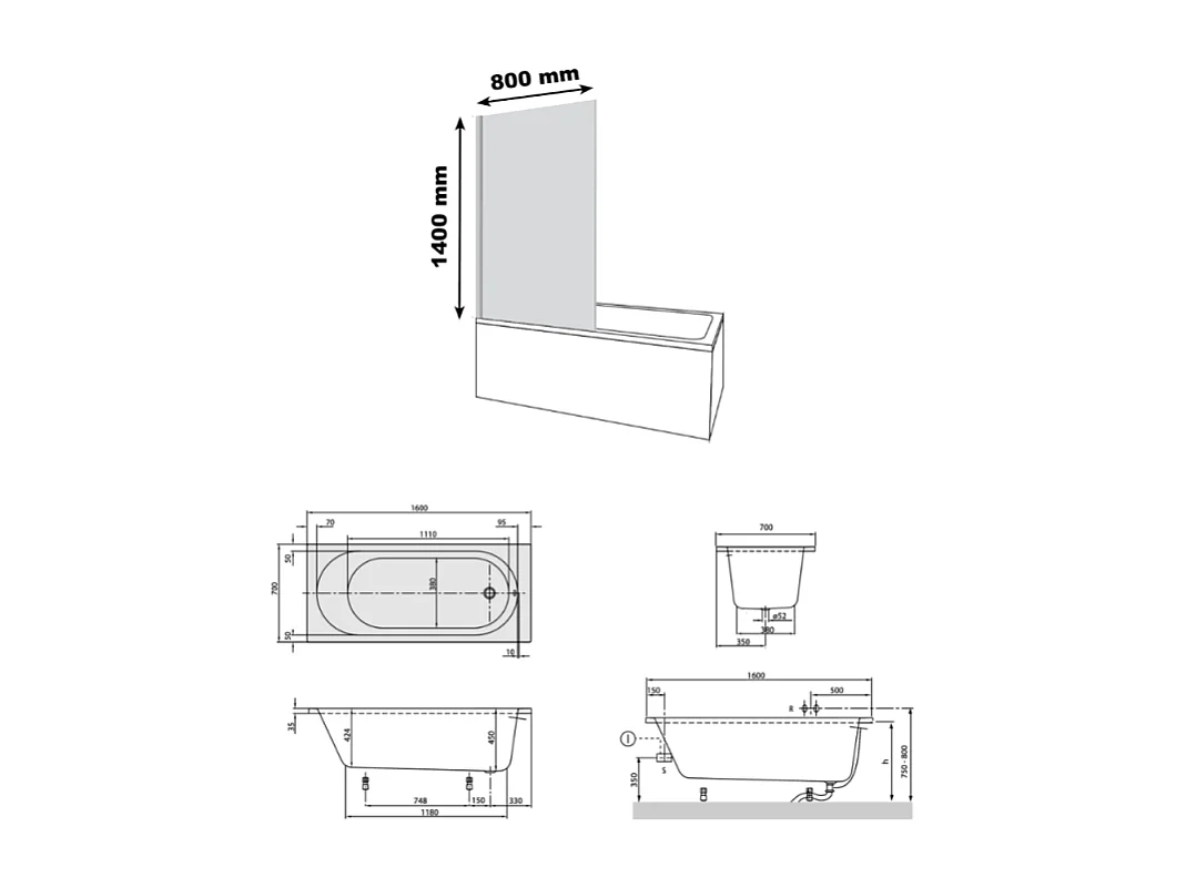 Baignoire droite avec pieds 160 x 70 cm VILLEROY & BOCH O.Novo Blanc + Pare bain droite AURYS Raywall noir mat
