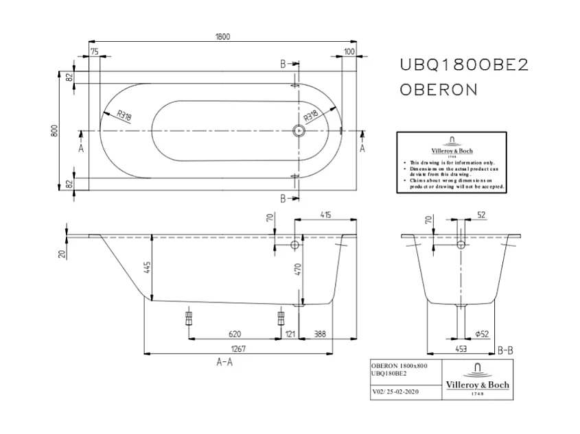 Baignoire droite VILLEROY ET BOCH Oberon quaryl 180 x 80 cm  + Pare bain droite AURYS Raywall Noir mat
