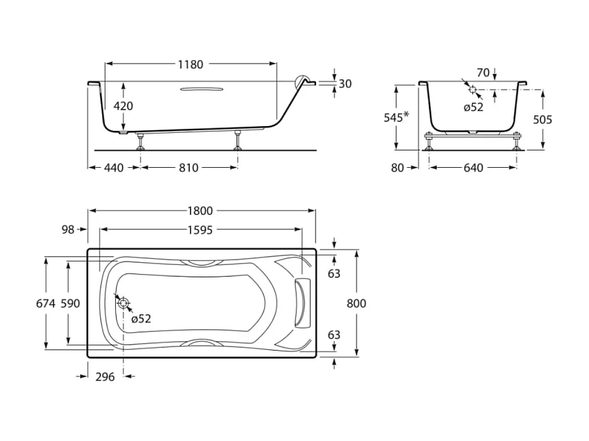 Baignoire droite ROCA Becool 180 x 80 acrylique blanc brillant avec dossier