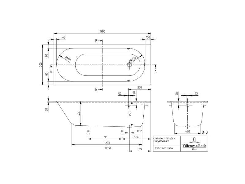Baignoire droite VILLEROY ET BOCH Oberon quaryl 170 x 70 cm  + Pare bain droite AURYS Raywall Noir mat