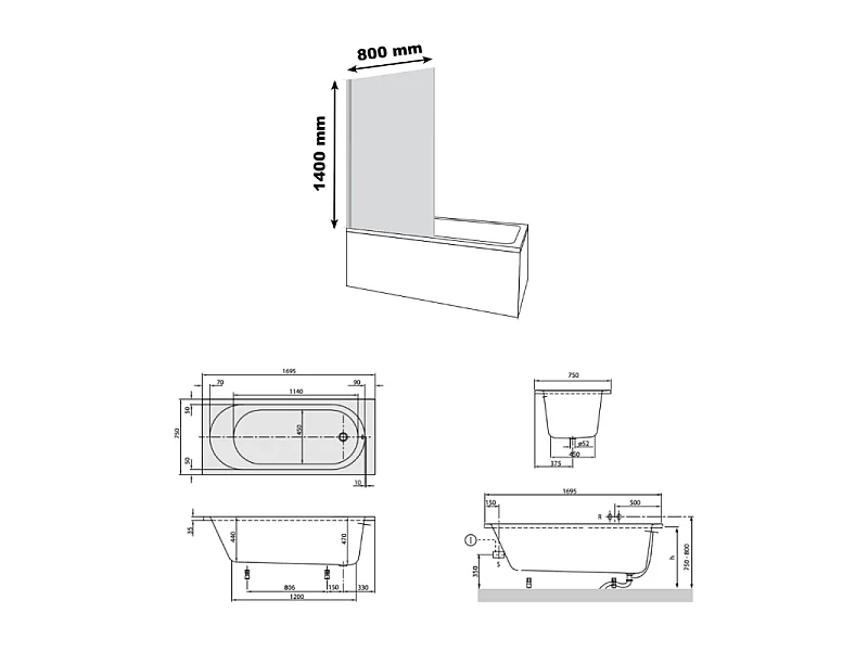 Baignoire droite VILLEROY & BOCH O.novo 170 x 75 cm Blanc + Pare bain droite AURYS Raywall noir mat