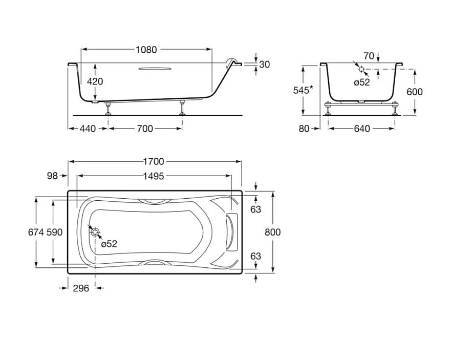 Baignoire droite ROCA Becool 170 x 80 acrylique blanc brillant avec dossier