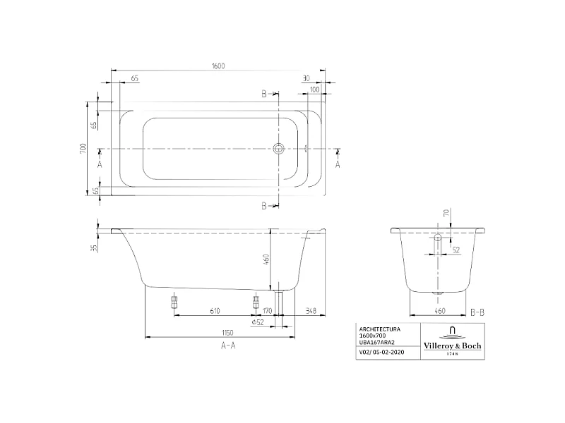 Baignoire droite VILLEROY & BOCH Architectura avec pieds acrylique 160 x 70 cm  + Pare bain gauche AURYS Raywall Noir mat