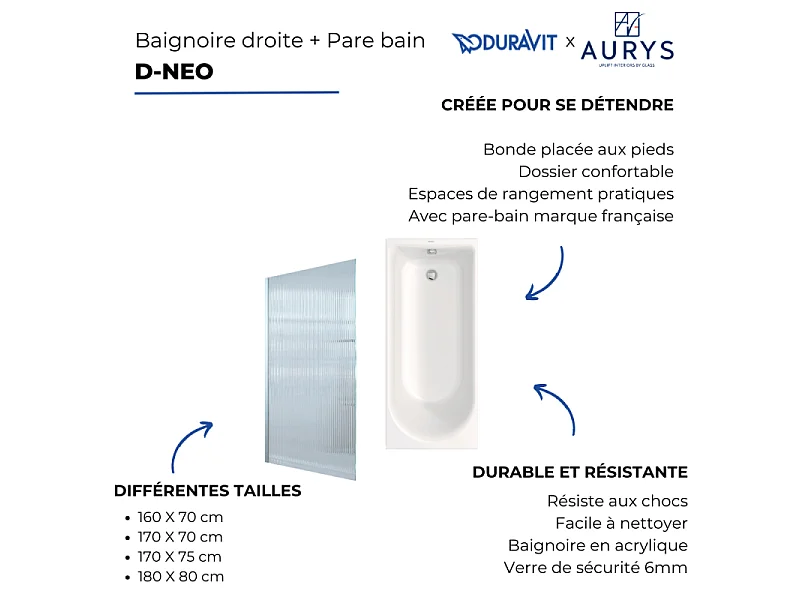 Baignoire droite 160 X 70 DURAVIT D-Neo + Pare bain AURYS Raywall noir mat version droite