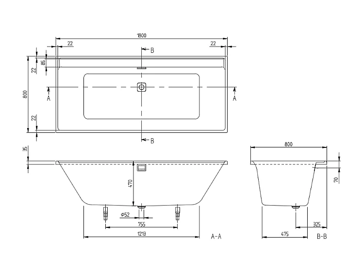 Baignoire droite 180 x 80 VILLEROY & BOCH Collaro acrylique Blanc avec vidage et trop-plein chrome