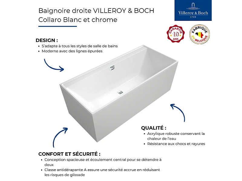 Baignoire droite 180 x 80 VILLEROY & BOCH Collaro acrylique Blanc avec vidage et trop-plein chrome