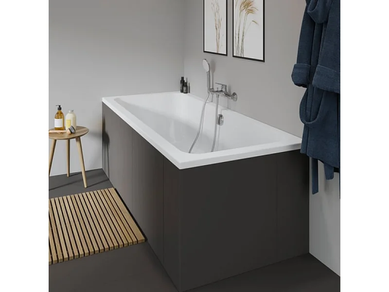 Baignoire droite 170 X 75 DURAVIT D-Code bonde au centre + Pare bain AURYS Raywall noir mat version gauche