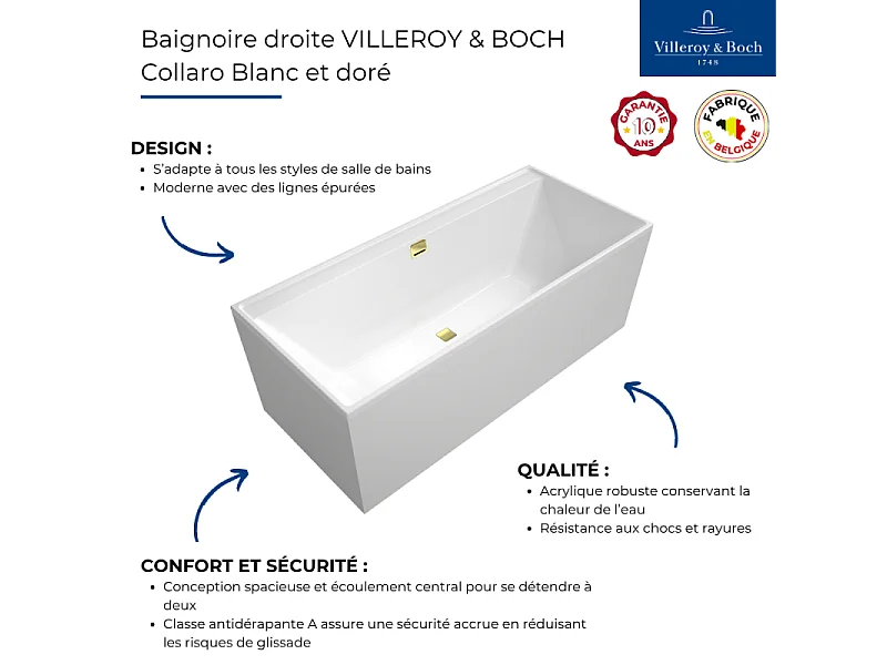 Baignoire droite 170 x 75 VILLEROY & BOCH Collaro acrylique Blanc avec vidage et trop-plein Gold