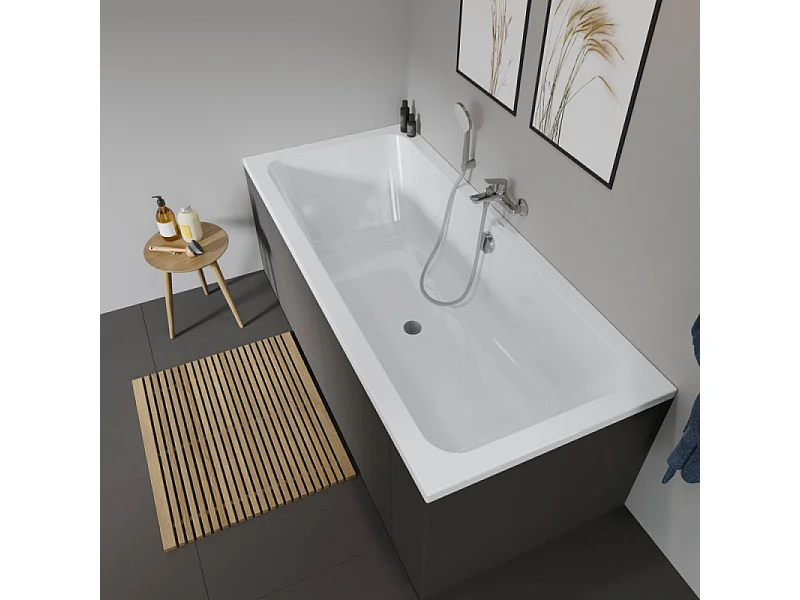 Baignoire droite DURAVIT D-Code bonde au cente 170 x 70 cm + Pare bain AURYS Raywall noir mat version gauche