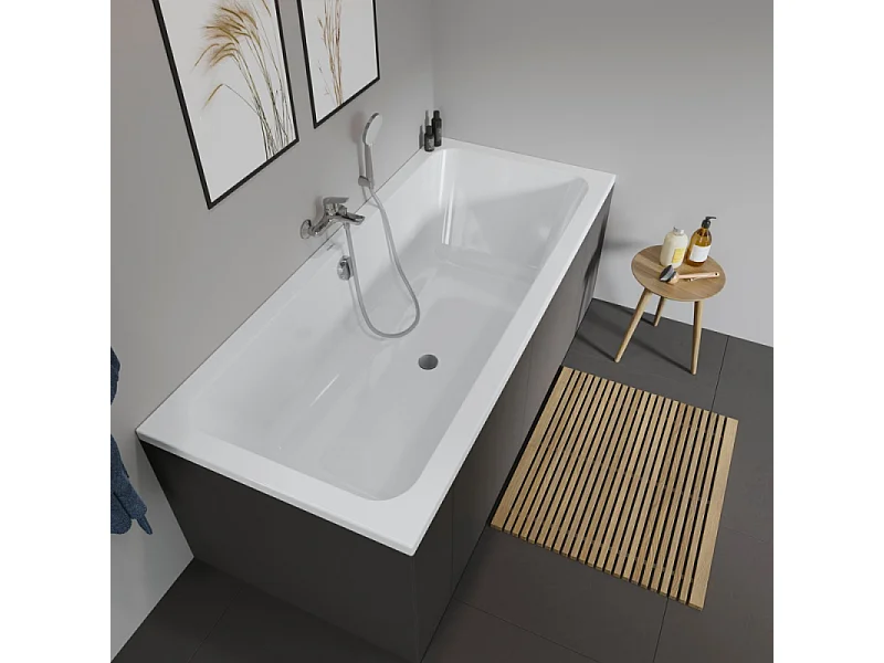 Baignoire droite DURAVIT D-Code bonde au cente 170 x 75 cm + Pare bain AURYS Raywall noir mat version droite