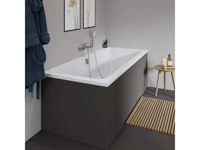 Baignoire droite DURAVIT D-Code bonde au cente 170 x 75 cm + Pare bain AURYS Raywall noir mat version droite