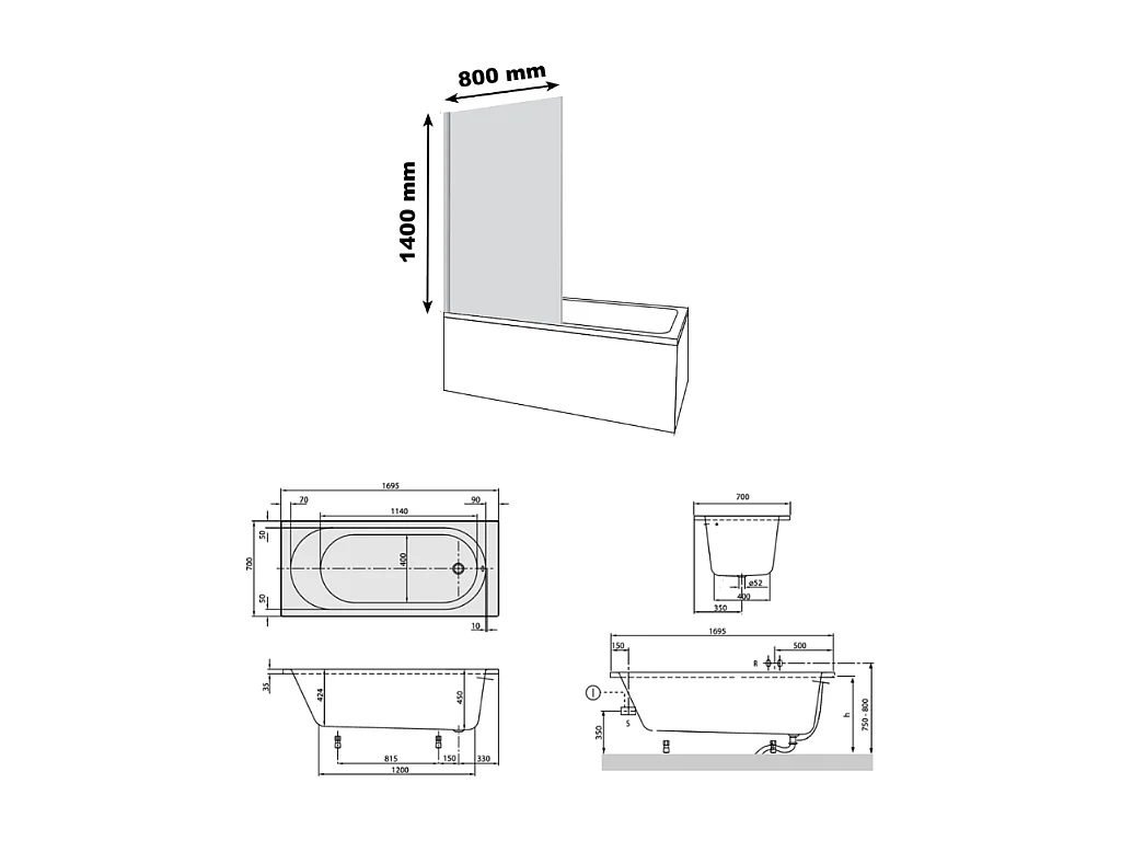 Baignoire droite avec pieds 170 x 70 cm VILLEROY & BOCH O.Novo + Pare bain droite AURYS Raywall noir mat