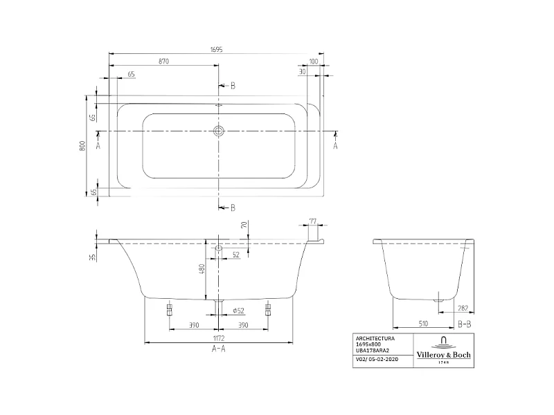 Baignoire droite VILLEROY & BOCH Architectura avec pieds acrylique 170 x 80 cm  + Pare bain droite AURYS Raywall Noir mat