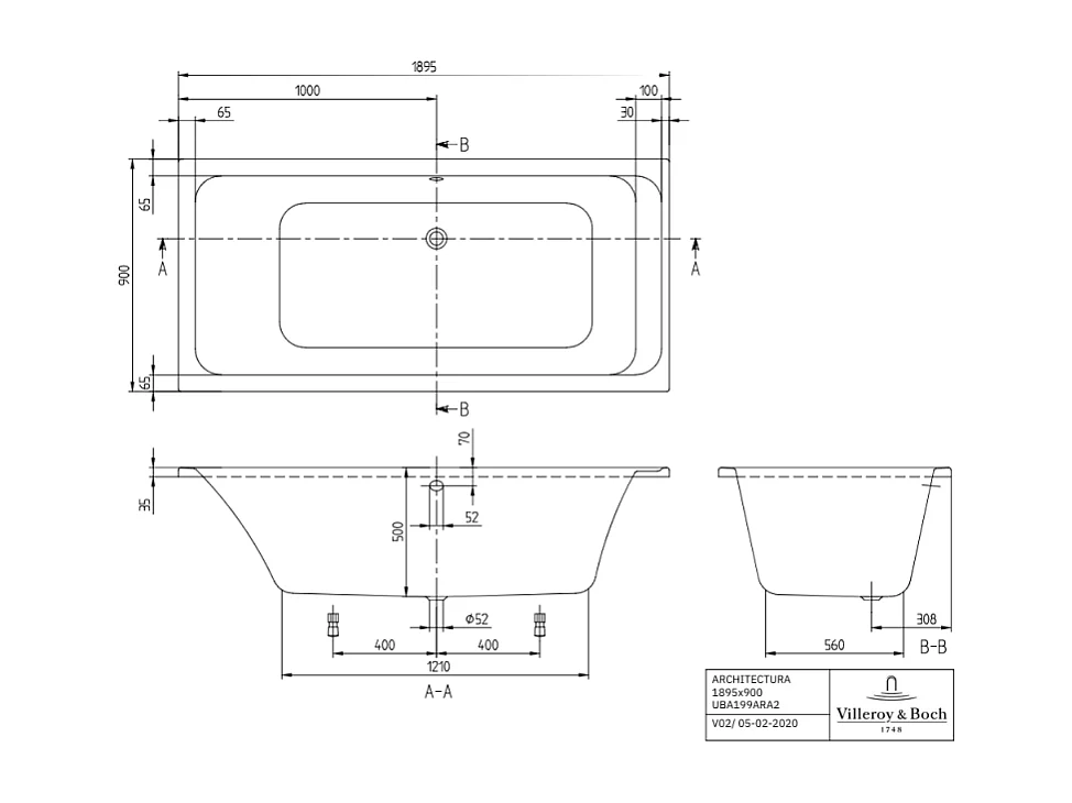 Baignoire droite VILLEROY & BOCH Architectura avec pieds acrylique 190 x 90 cm  + Pare bain gauche AURYS Raywall Noir mat