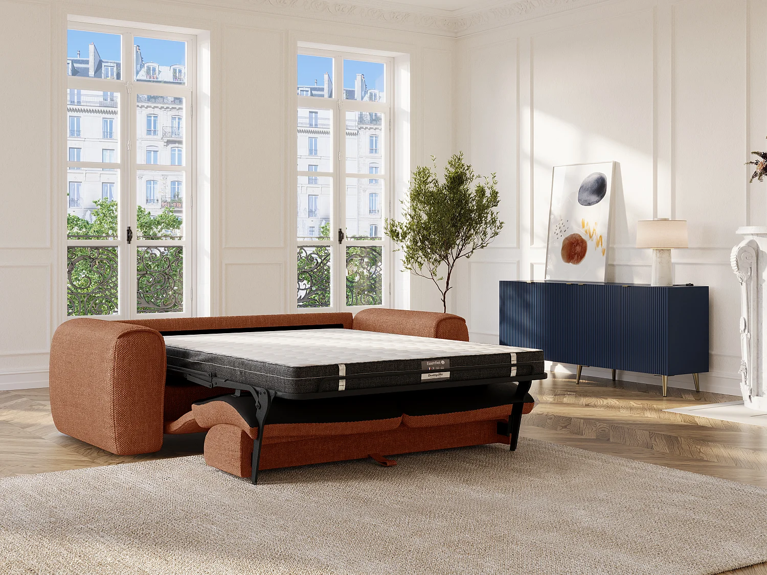 Canapé 3 places convertible express en tissu texturé terracotta - Matelas 16 cm mémoire de forme POGNIA