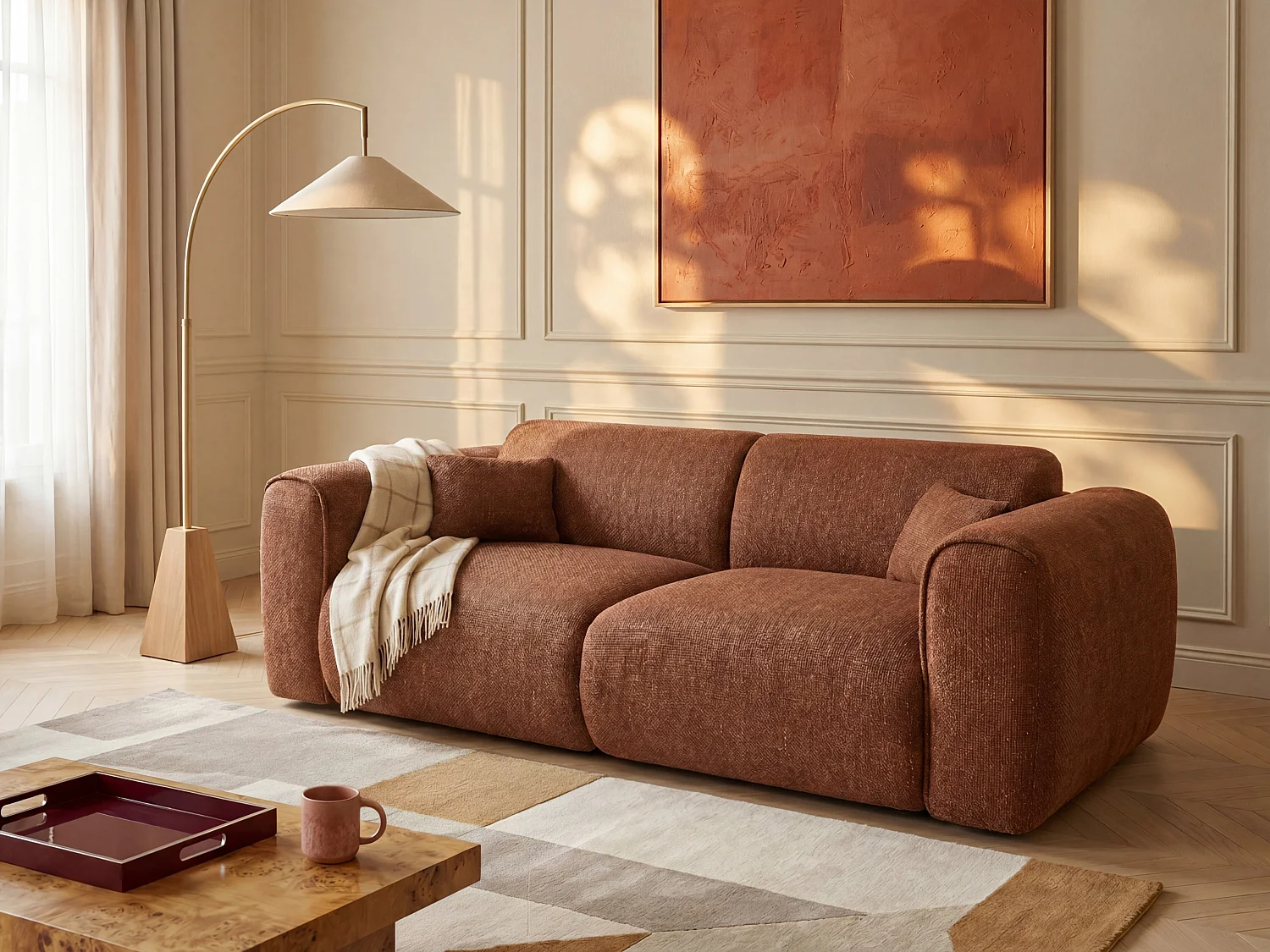Canapé 3 places convertible express en tissu texturé terracotta - Couchage 140 cm - Matelas 16 cm mémoire de forme POGNIA