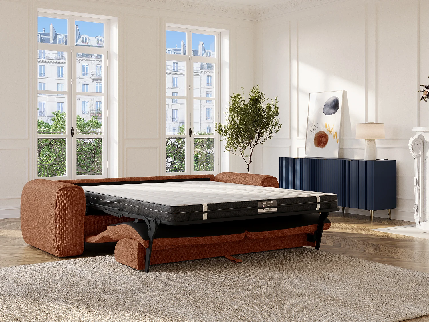 Canapé 4 places convertible express en tissu texturé terracotta - Matelas 16 cm mémoire de forme POGNIA