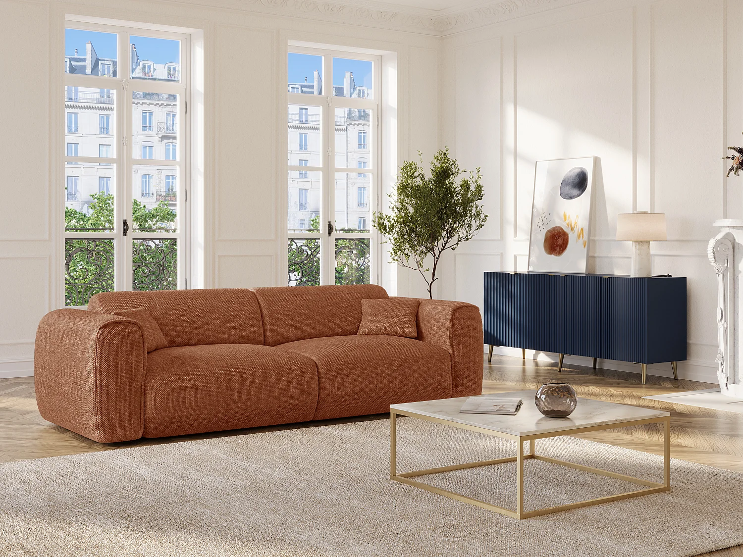 Canapé 4 places convertible express en tissu texturé terracotta - Matelas 16 cm mémoire de forme POGNIA