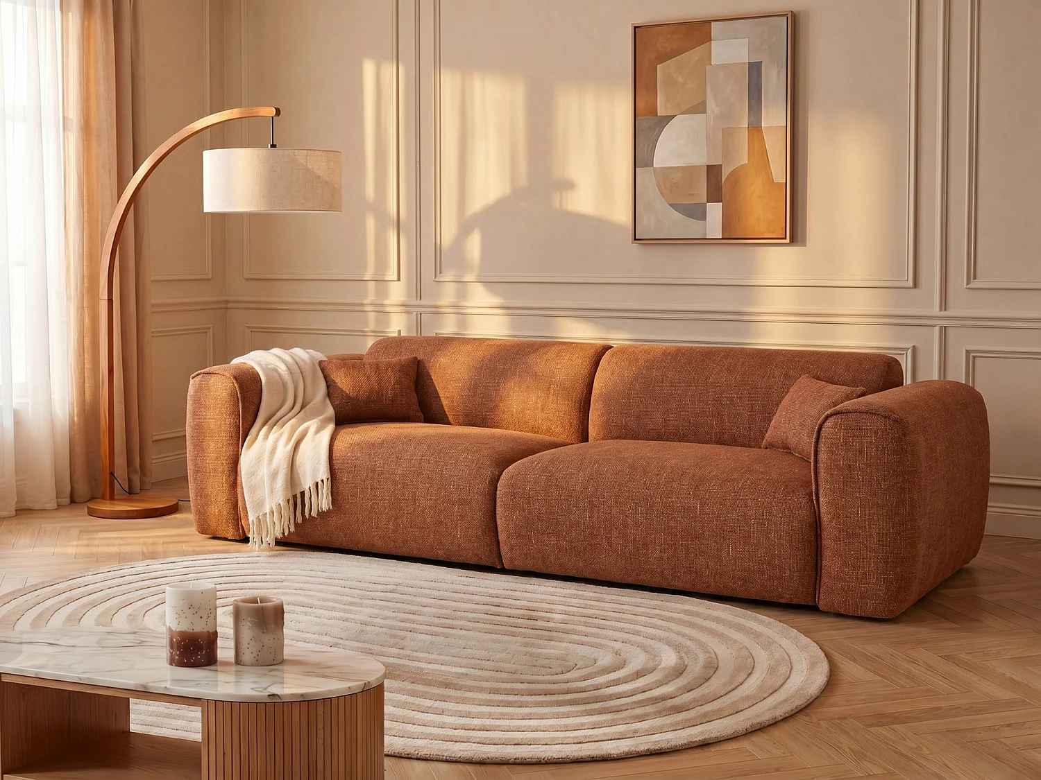 Canapé 4 places convertible express en tissu texturé terracotta - Couchage 160 cm - Matelas 16 cm mémoire de forme POGNIA