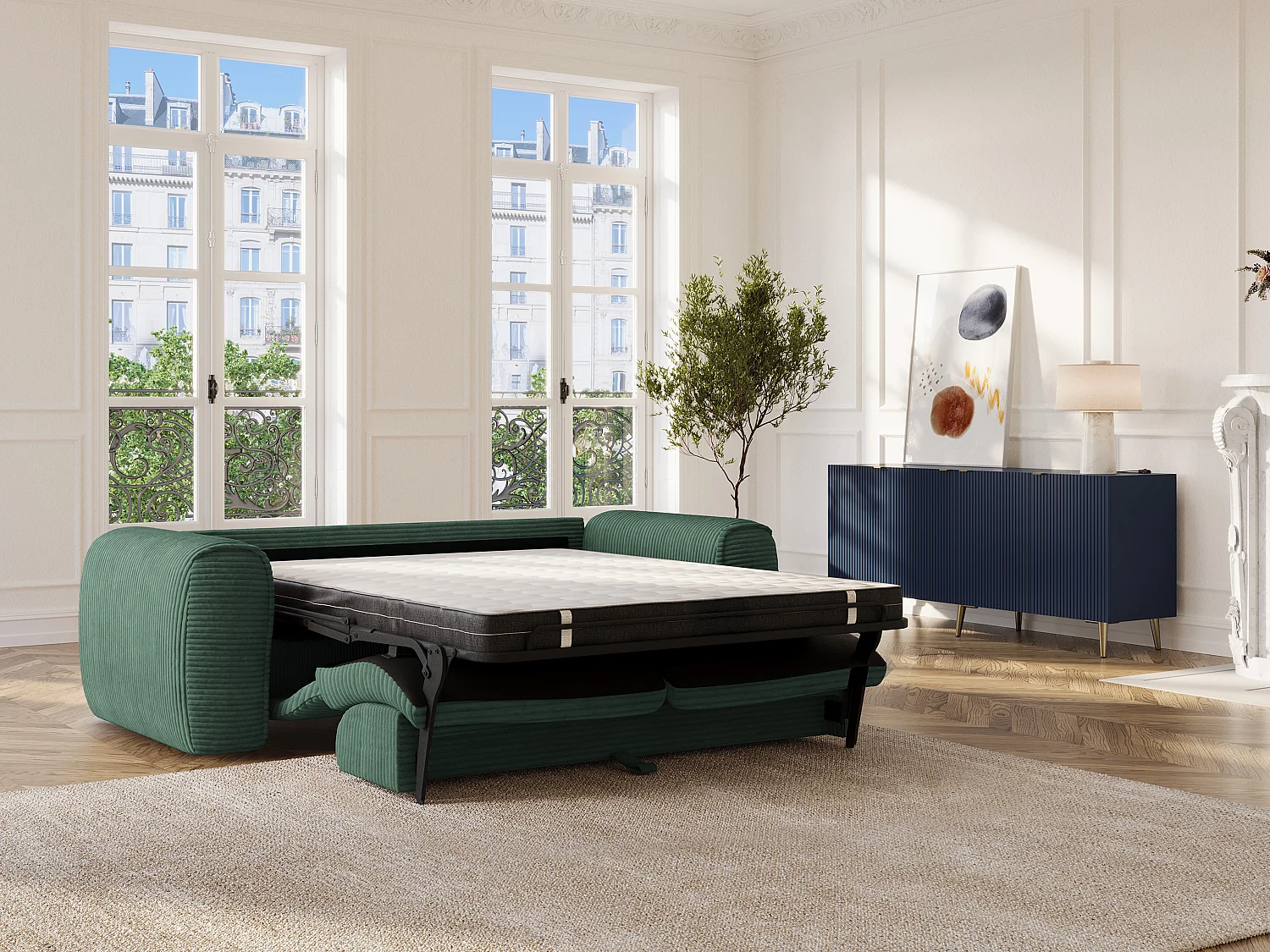 Canapé 3 places convertible express en velours côtelé vert sapin- Matelas 16 cm mémoire de forme POGNIA