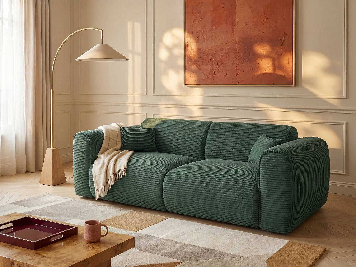 Canapé 3 places convertible express en velours côtelé vert sapin - Couchage 140 cm - Matelas 16 cm mémoire de forme POGNIA