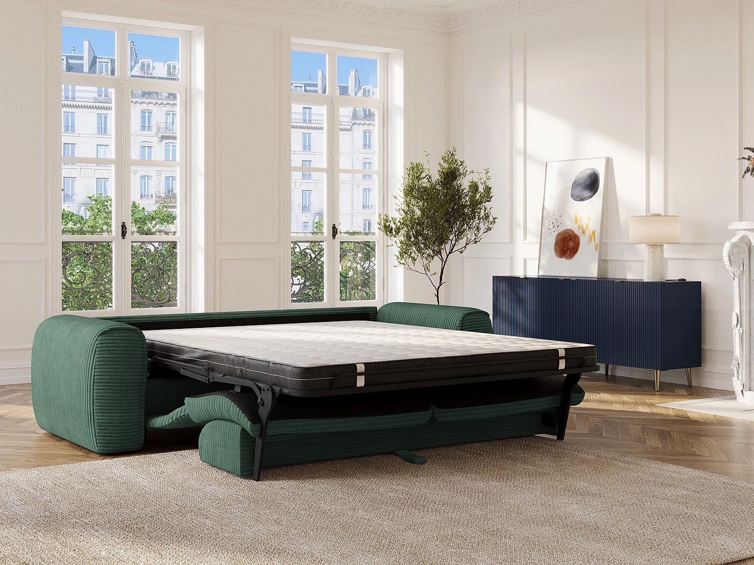 Canapé 4 places convertible express en velours côtelé vert sapin- Matelas 16 cm mémoire de forme POGNIA