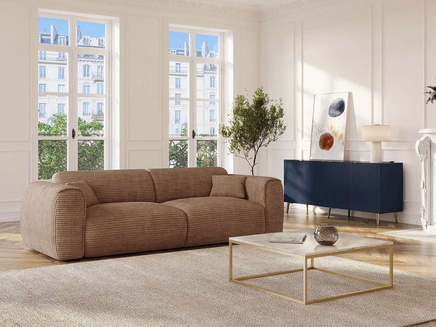 Canapé 4 places convertible express en velours côtelé taupe - Matelas 13 cm mémoire de forme POGNIA