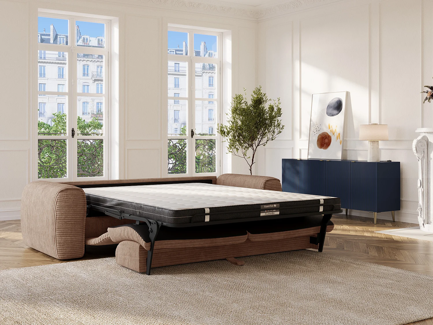 Canapé 4 places convertible express en velours côtelé taupe - Matelas 13 cm mémoire de forme POGNIA