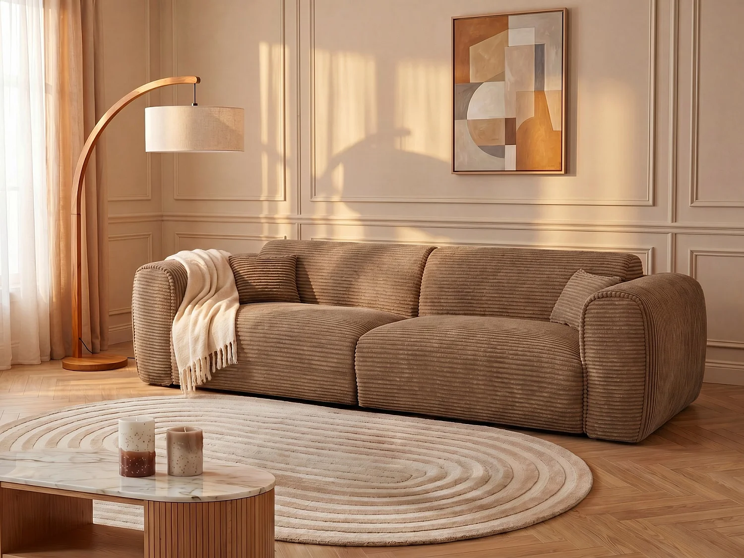 Canapé 4 places convertible express en velours côtelé taupe - Couchage 160 cm - Matelas 13 cm mémoire de forme POGNIA