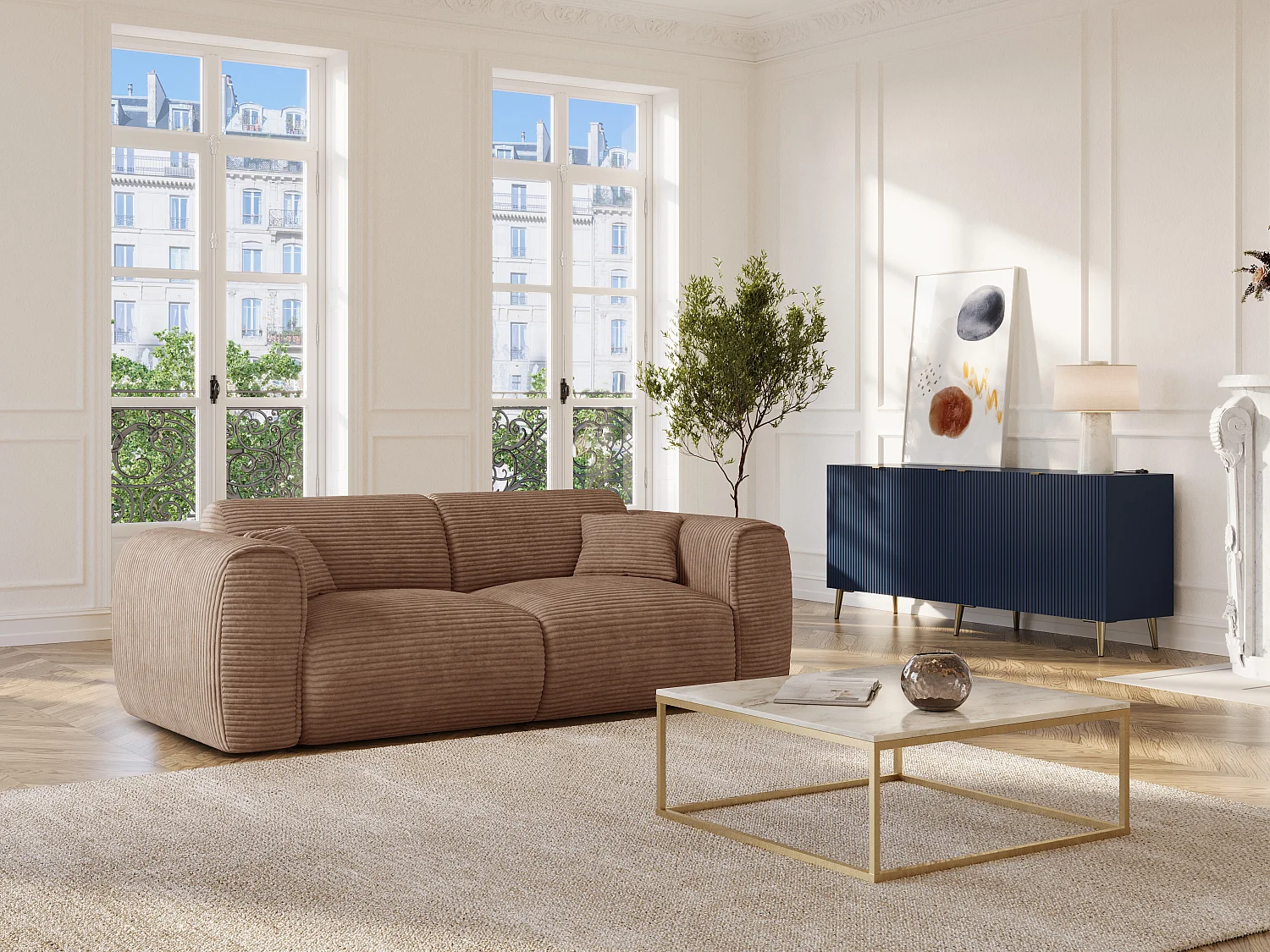 Canapé 3 places convertible express en velours côtelé taupe - Matelas 16 cm mémoire de forme POGNIA