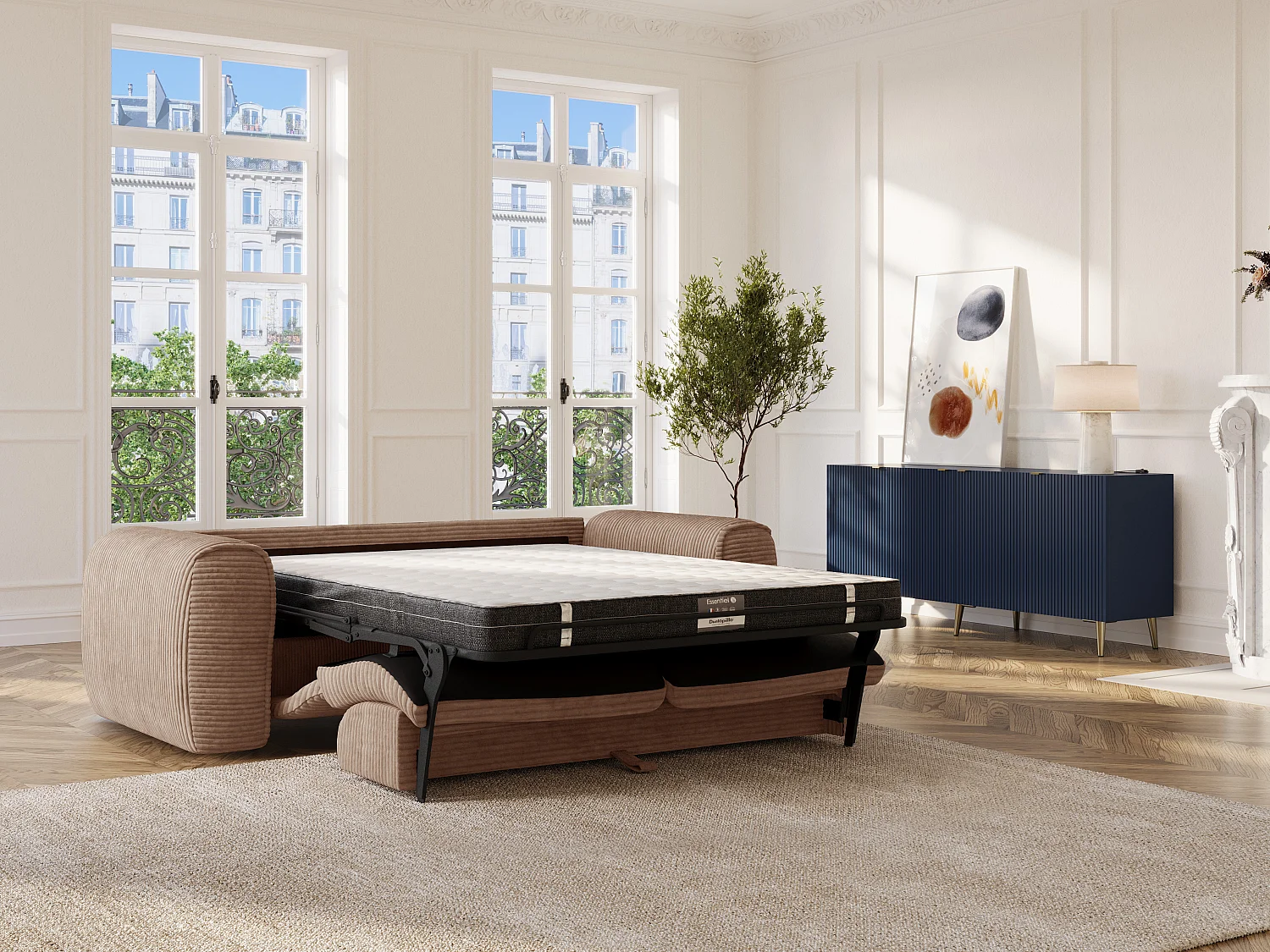 Canapé 3 places convertible express en velours côtelé taupe - Matelas 16 cm mémoire de forme POGNIA