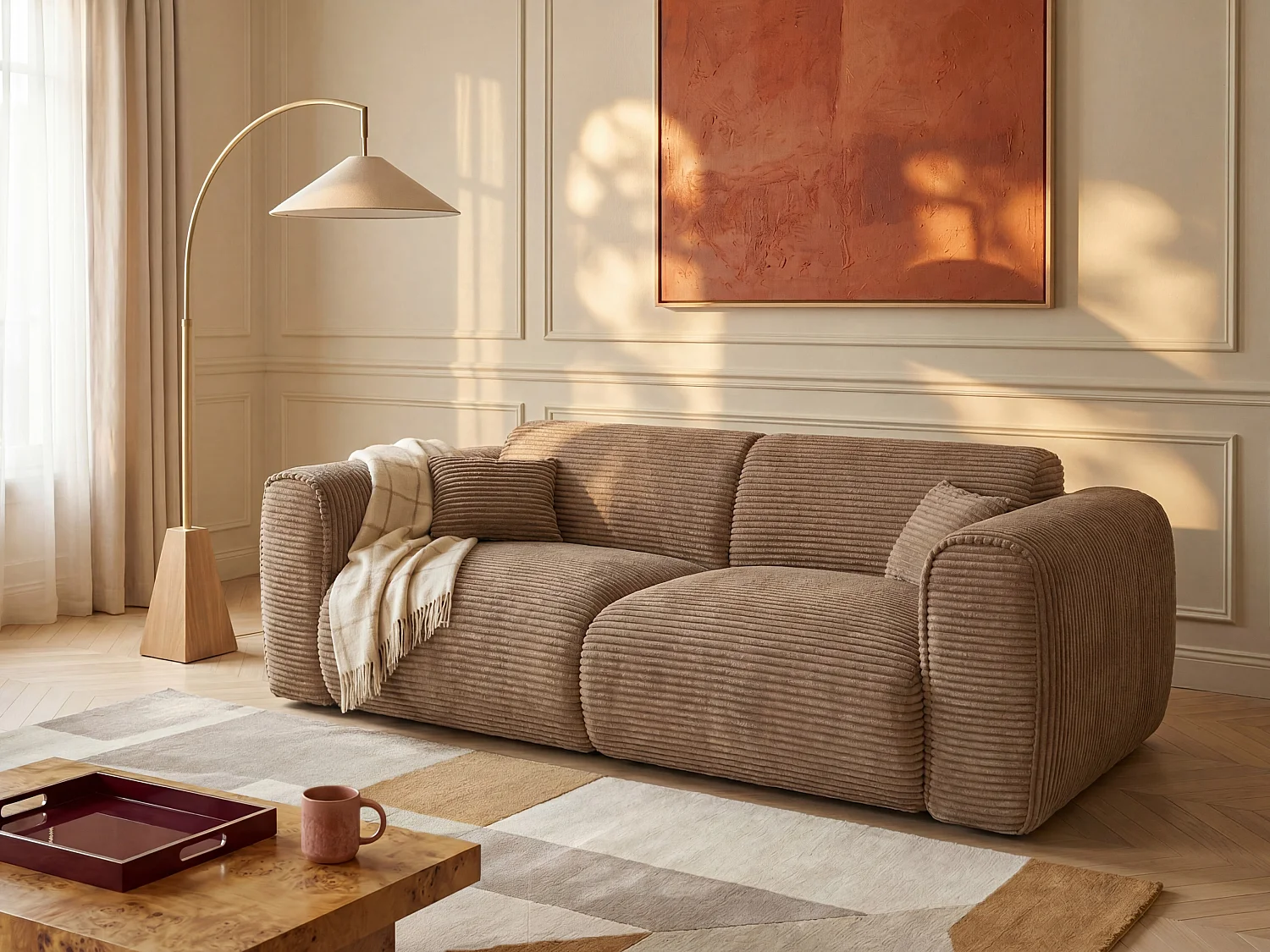 Canapé 3 places convertible express en velours côtelé taupe - Couchage 140 cm - Matelas 16 cm mémoire de forme POGNIA