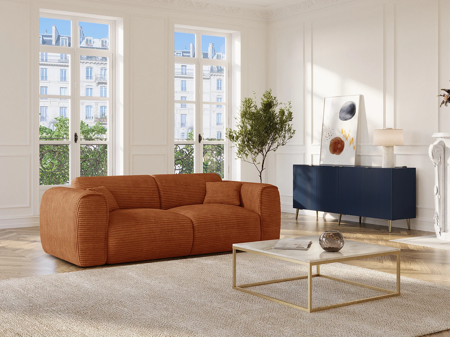 Canapé 3 places convertible express en velours côtelé terracotta - Matelas 13 cm mémoire de forme POGNIA