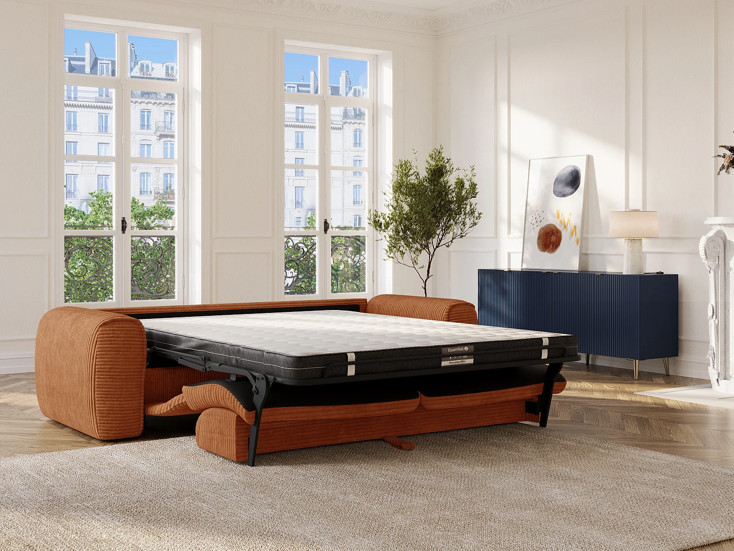 Canapé 3 places convertible express en velours côtelé terracotta - Matelas 13 cm mémoire de forme POGNIA