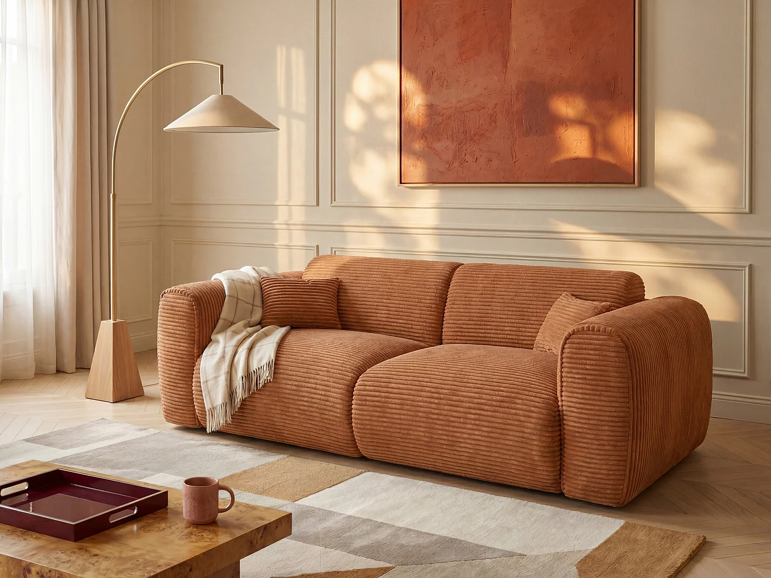 Driezitsslaapbank express in terracotta ribfluweel - Slaapoppervlak 140 cm - Matras 13 cm traagschuim POGNIA