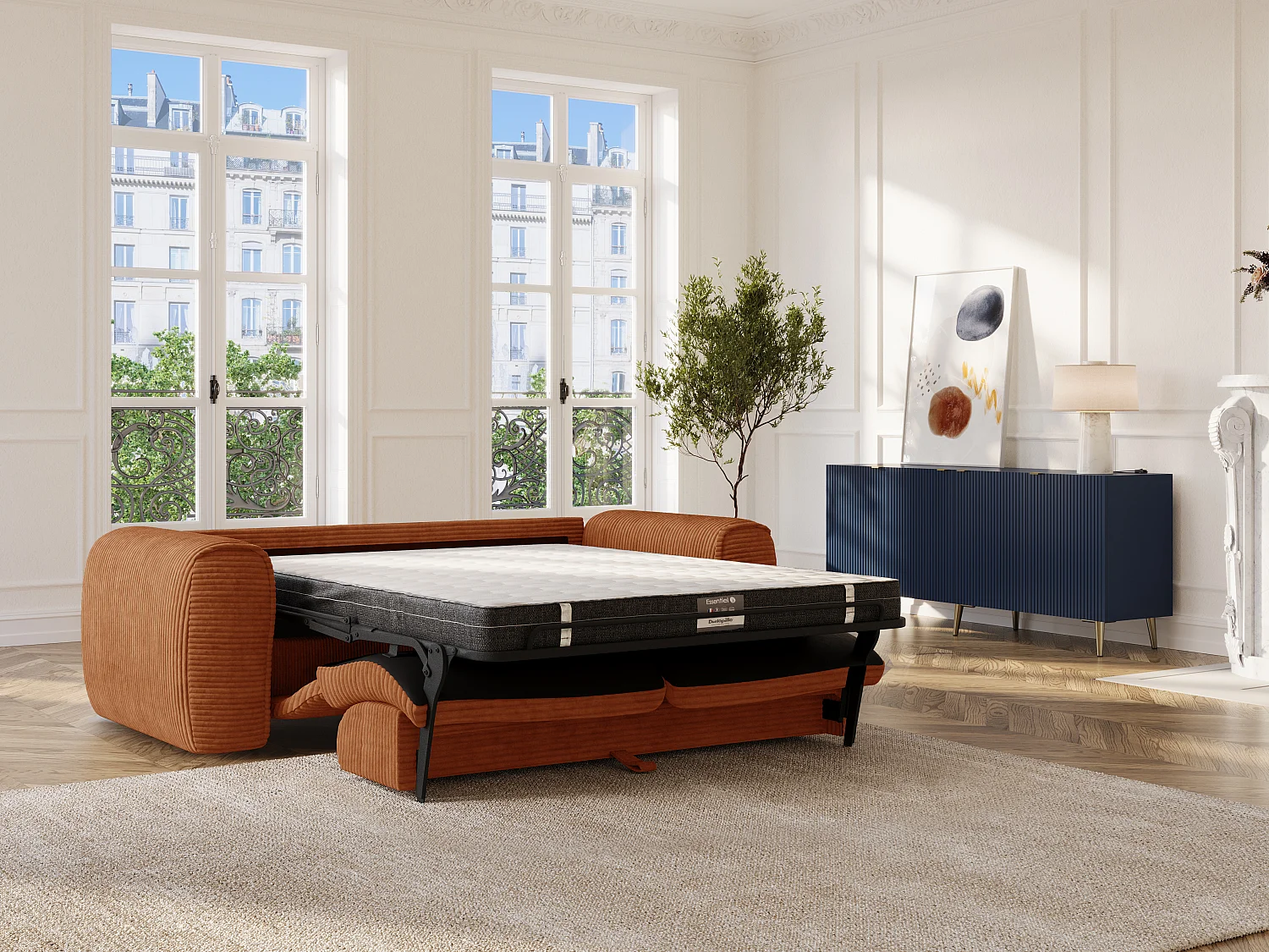 Canapé 3 places convertible express en velours côtelé terracotta - Matelas 16 cm mémoire de forme POGNIA