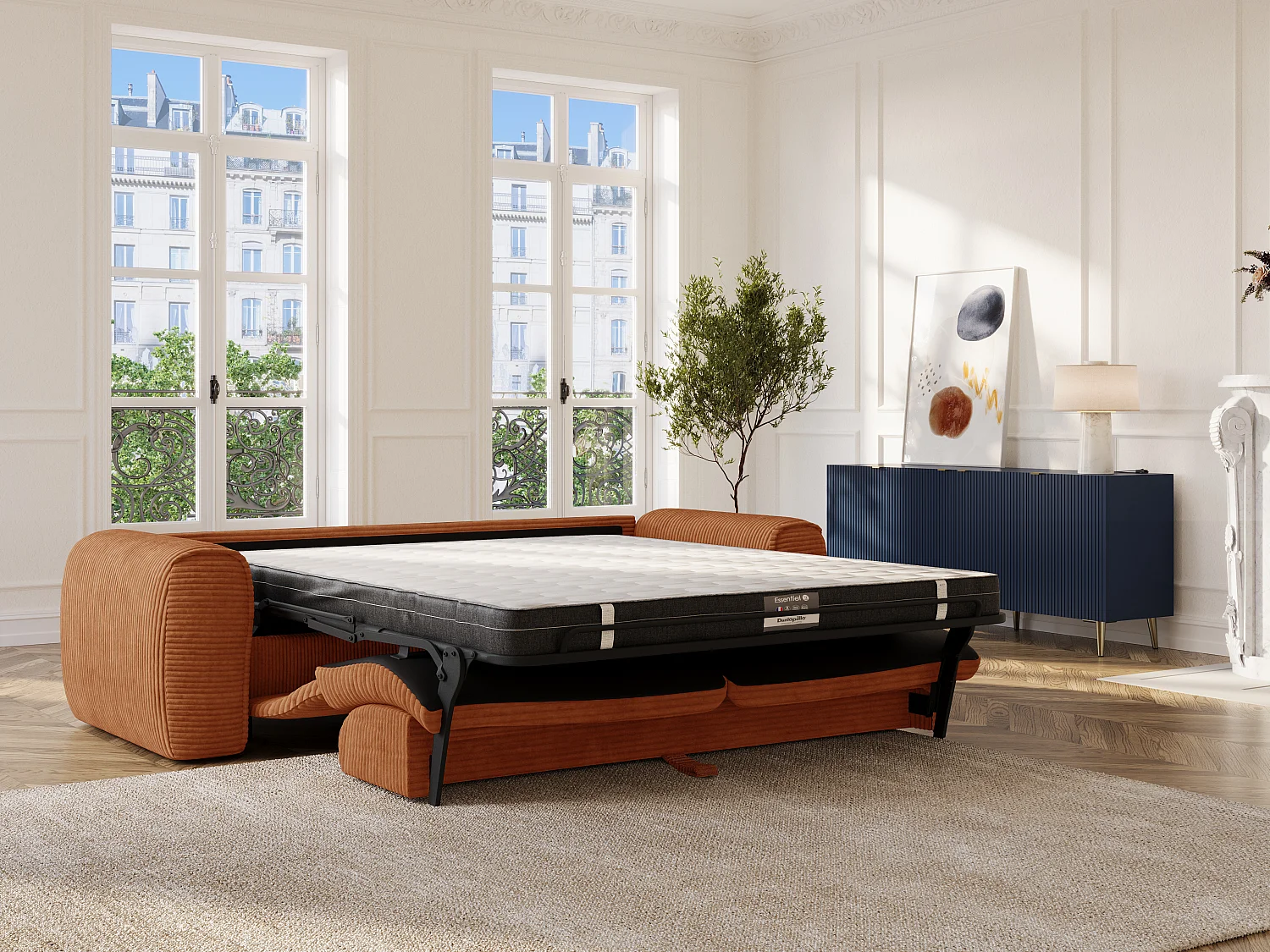 Canapé 4 places convertible express en velours côtelé terracotta - Matelas 16 cm mémoire de forme POGNIA