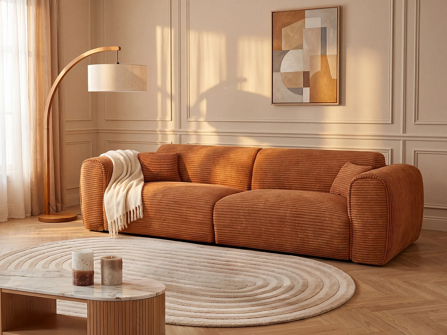 Canapé 4 places convertible express en velours côtelé terracotta - Couchage 160 cm - Matelas 16 cm mémoire de forme POGNIA