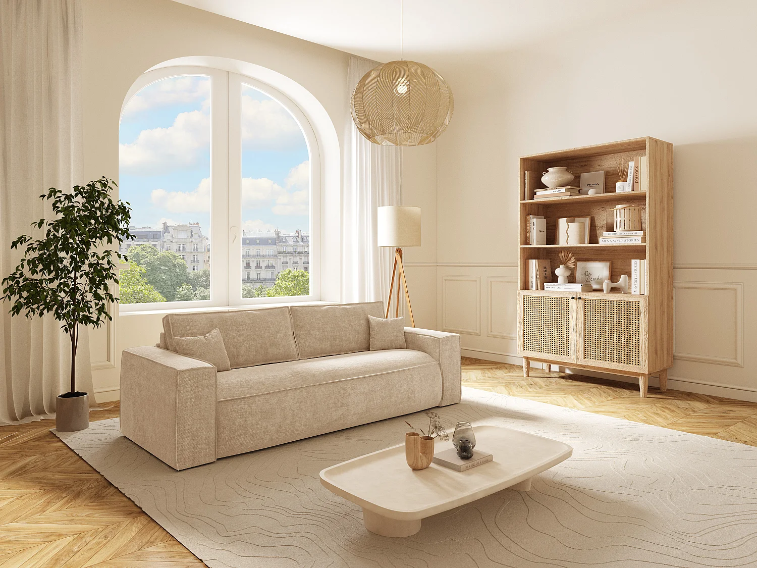 Canapé 4 places convertible express en tissu beige - Couchage 160 cm - Matelas 13 cm avec mémoire de forme - AMELIA