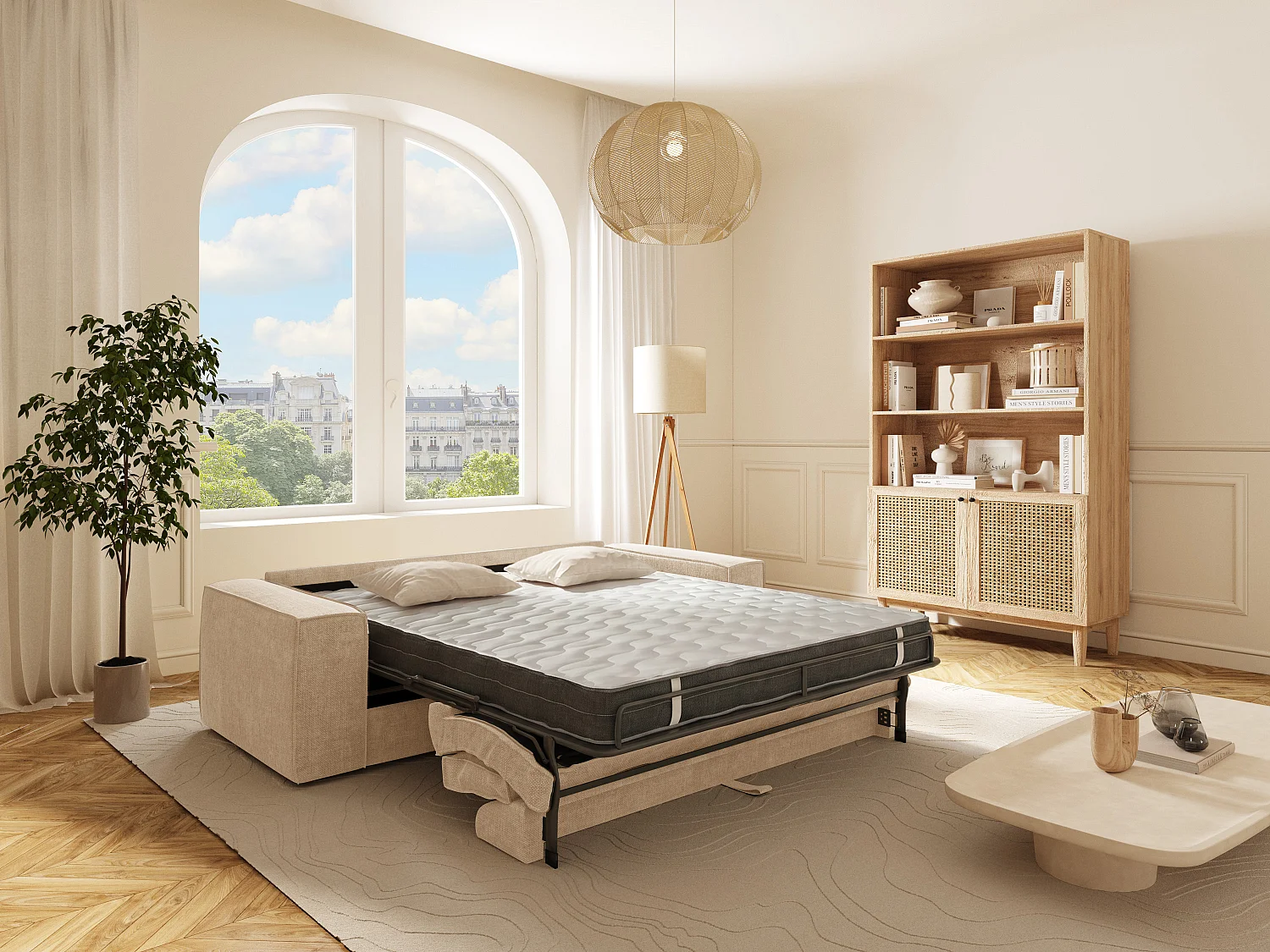 Canapé 4 places convertible express en tissu beige - Couchage 160 cm - Matelas 16 cm avec mémoire de forme - AMELIA