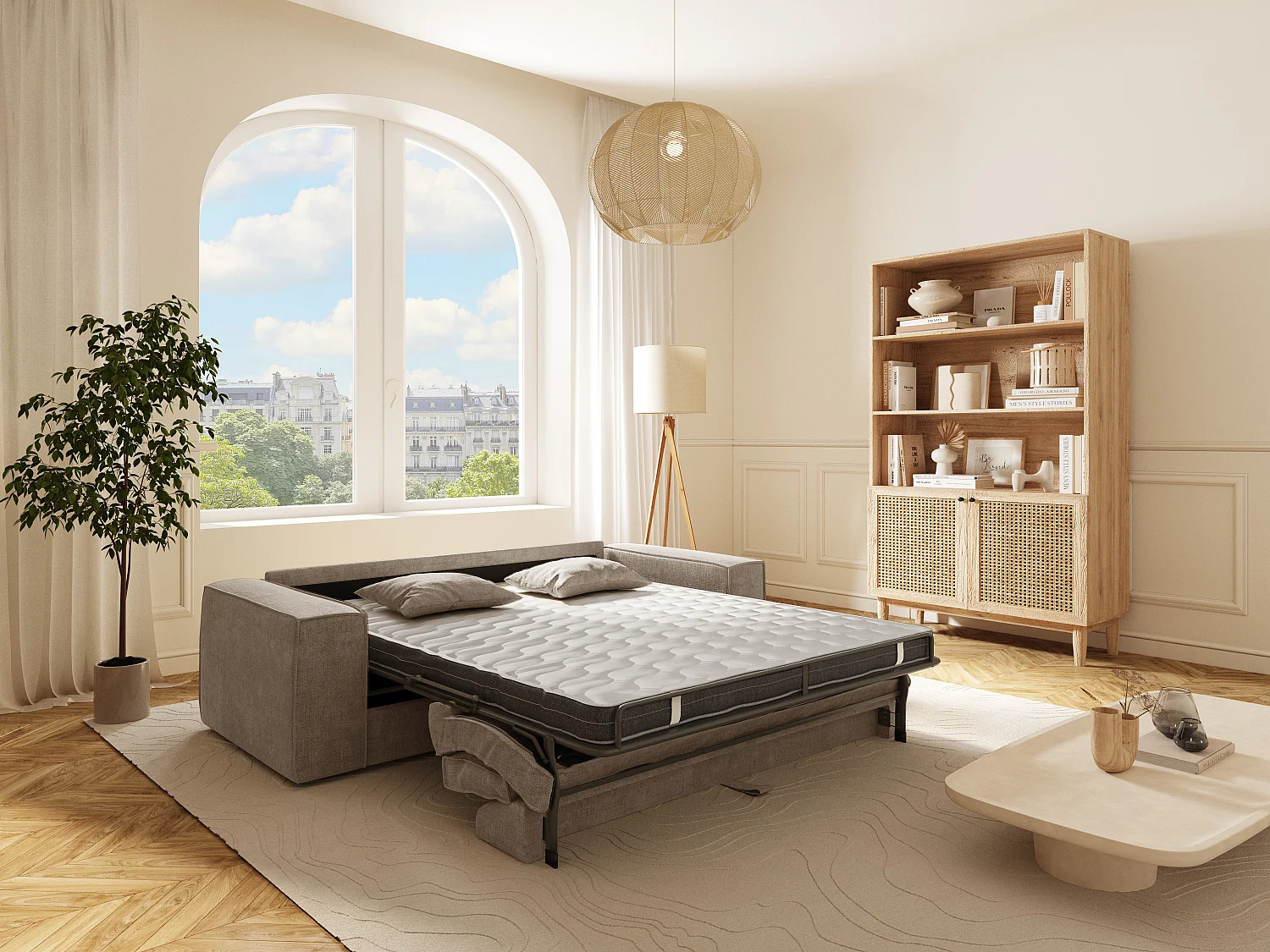 Canapé 3 places convertible express en tissu taupe - Couchage 140 cm - Matelas 13 cm avec mémoire de forme - AMELIA
