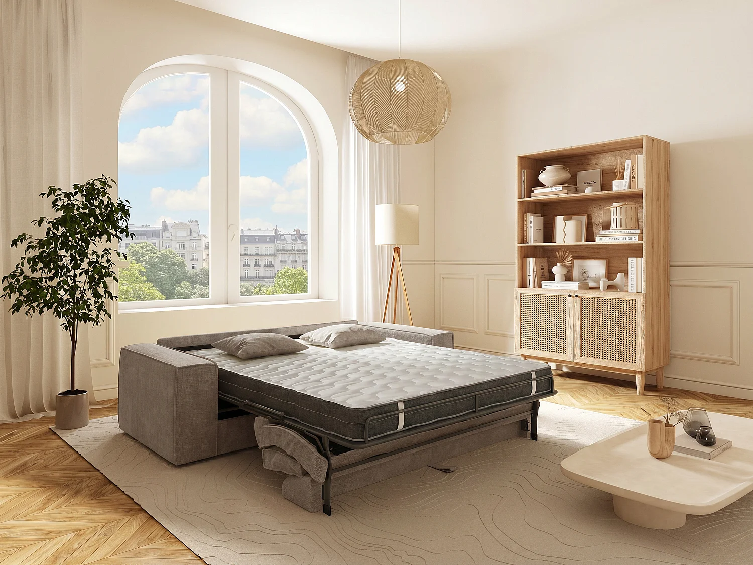 Canapé 4 places convertible express en tissu taupe - Couchage 160 cm - Matelas 13 cm avec mémoire de forme - AMELIA