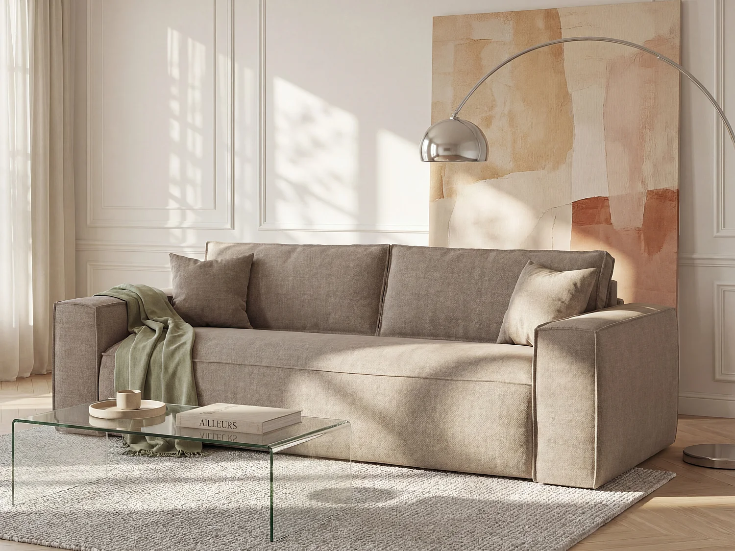 Canapé 4 places convertible express en tissu taupe - Couchage 160 cm - Matelas 13 cm avec mémoire de forme - AMELIA