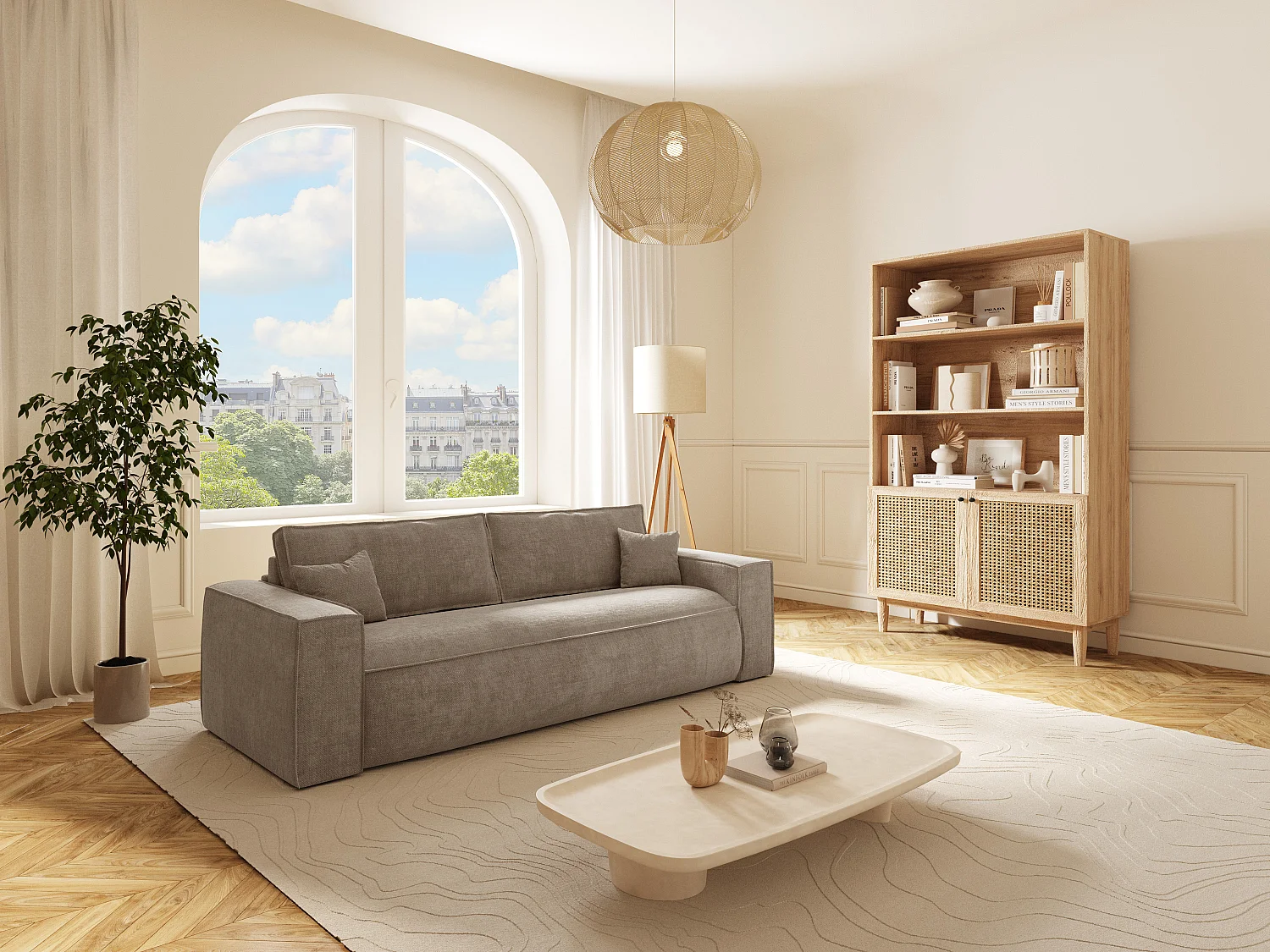 Canapé 4 places convertible express en tissu taupe - Couchage 160 cm - Matelas 16 cm avec mémoire de forme - AMELIA