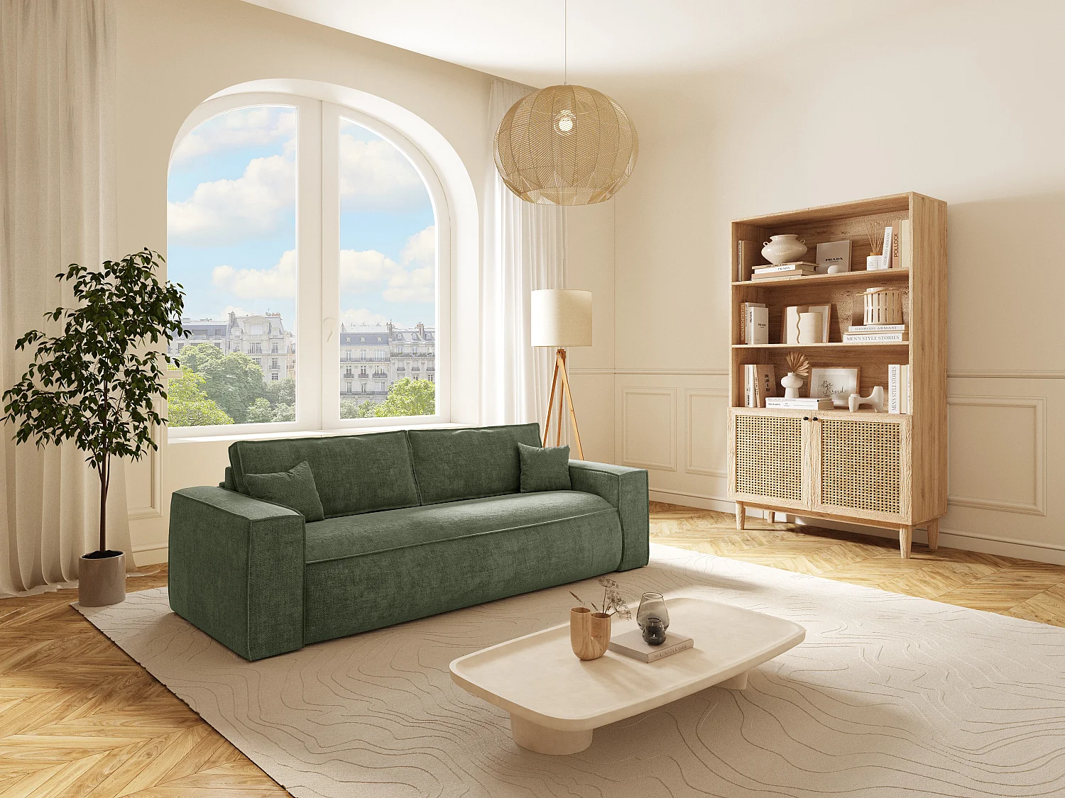 Canapé 3 places convertible express en tissu vert sapin - Couchage 140 cm - Matelas 13 cm avec mémoire de forme - AMELIA