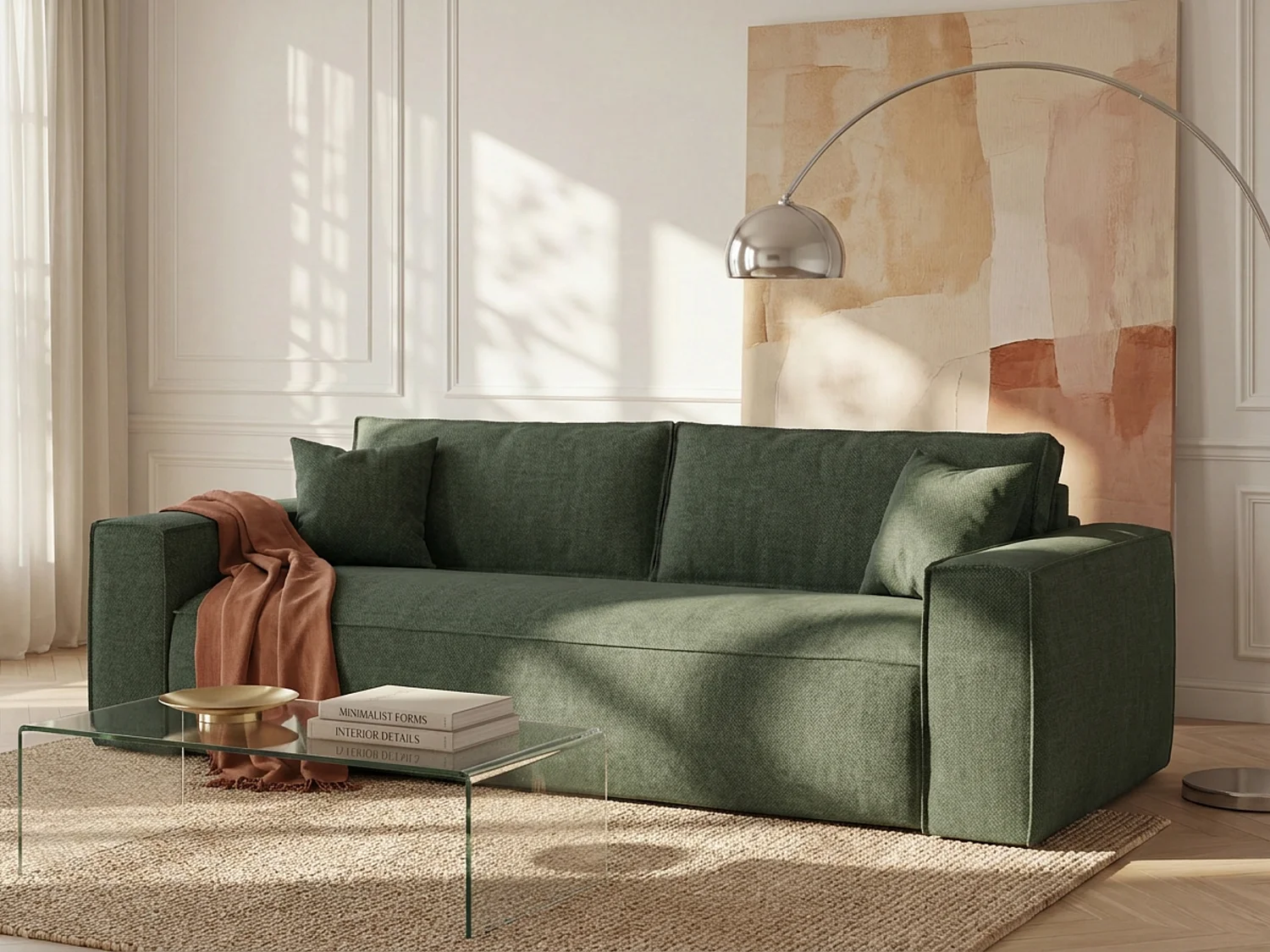 Canapé 3 places convertible express en tissu vert sapin - Couchage 140 cm - Matelas 13 cm avec mémoire de forme - AMELIA