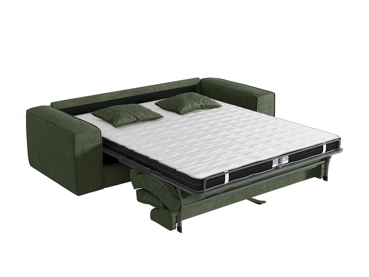 Canapé 4 places convertible express en tissu vert sapin - Couchage 160 cm - Matelas 13 cm avec mémoire de forme - AMELIA